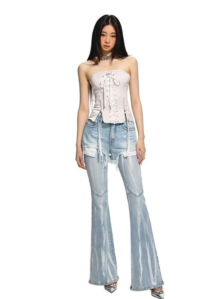 NAWSNOTAWEAR High Waist Ripped Asymmetrical Slim Light Wash Women Zipper Fly Denim Shorts