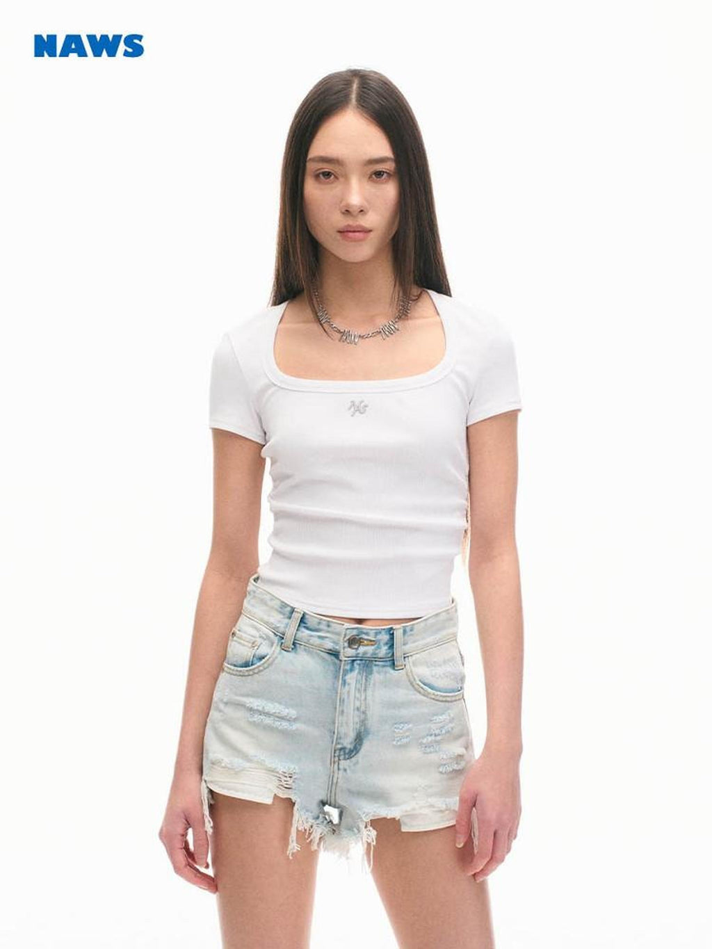 NAWSNOTAWEAR High Waist Ripped Asymmetrical Slim Light Wash Women Zipper Fly Denim Shorts