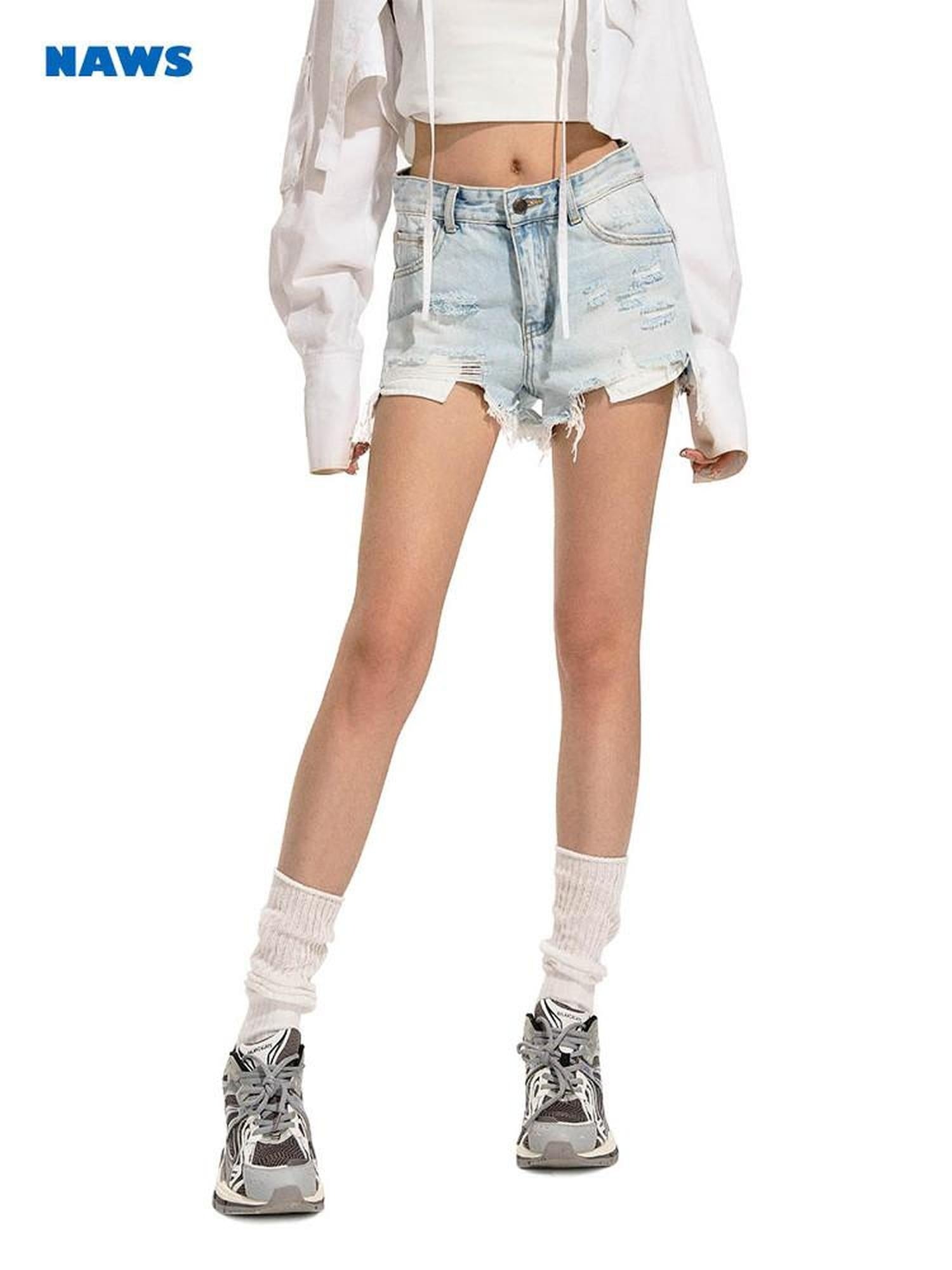 NAWSNOTAWEAR High Waist Ripped Asymmetrical Slim Light Wash Women Zipper Fly Denim Shorts