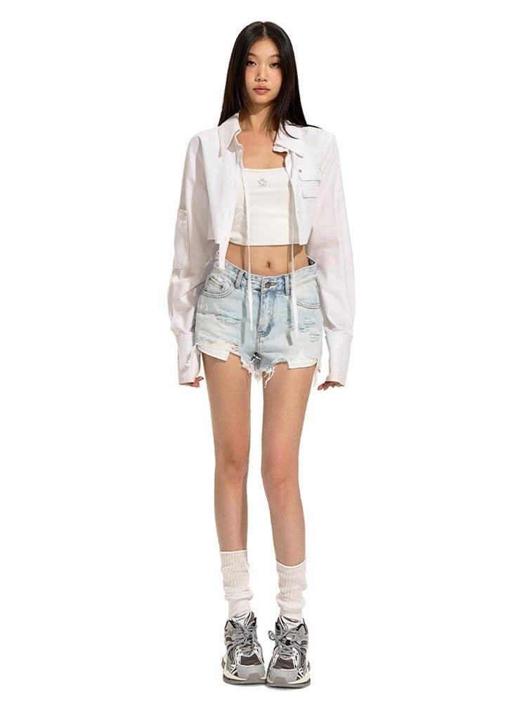 NAWSNOTAWEAR High Waist Ripped Asymmetrical Slim Light Wash Women Zipper Fly Denim Shorts