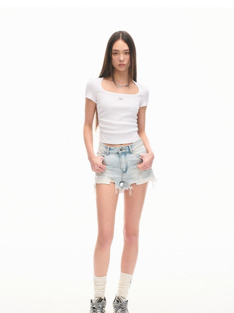 NAWSNOTAWEAR High Waist Ripped Asymmetrical Slim Light Wash Women Zipper Fly Denim Shorts