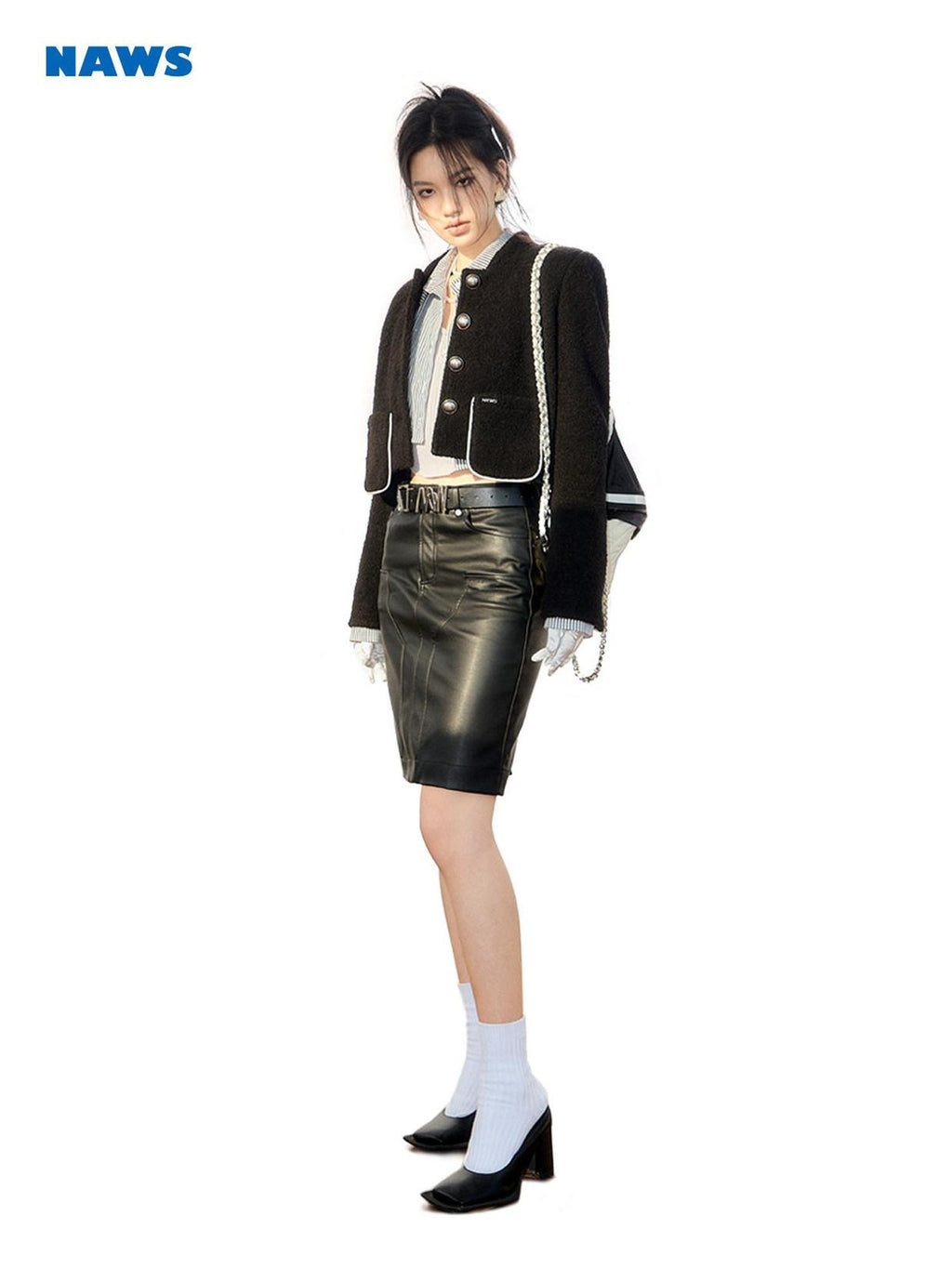 NAWSNOTAWEAR High Waist Straight Solid Black Logo Viscose Blend Sleek Office Mini Skirts