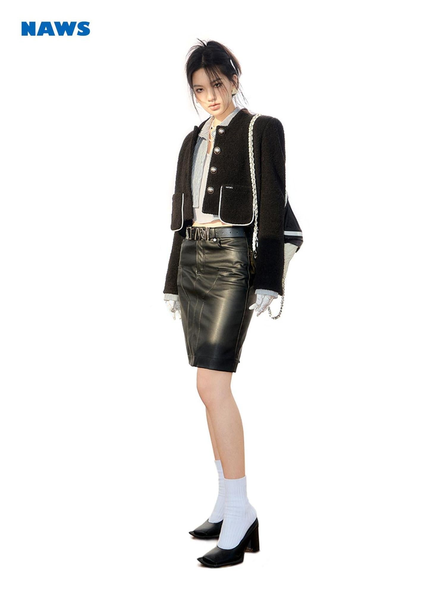 NAWSNOTAWEAR High Waist Straight Solid Black Logo Viscose Blend Sleek Office Mini Skirts