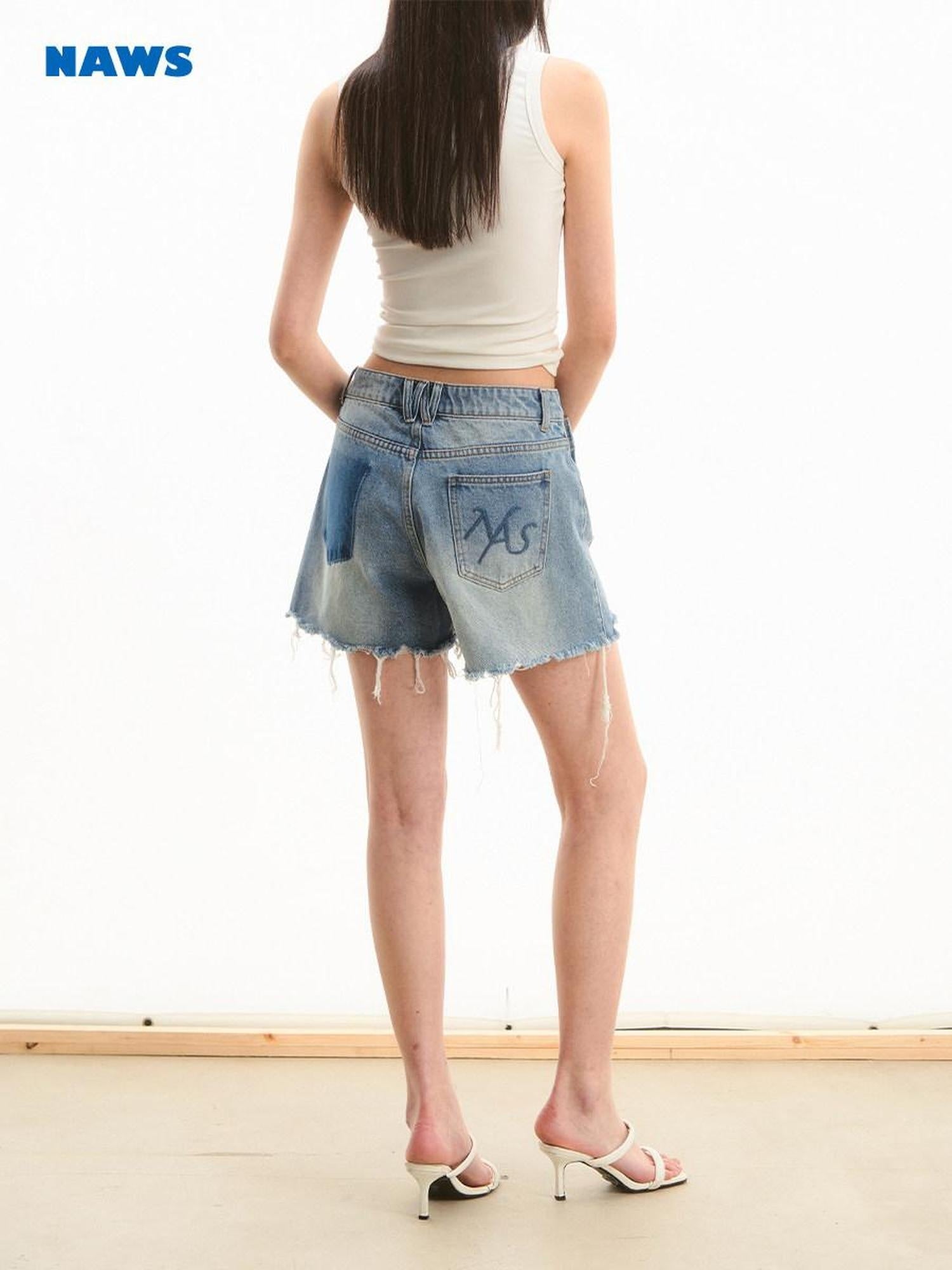 NAWSNOTAWEAR High Waist Wide Leg Gem Blue Zipper Casual Loose Fit No Stretch Denim Shorts