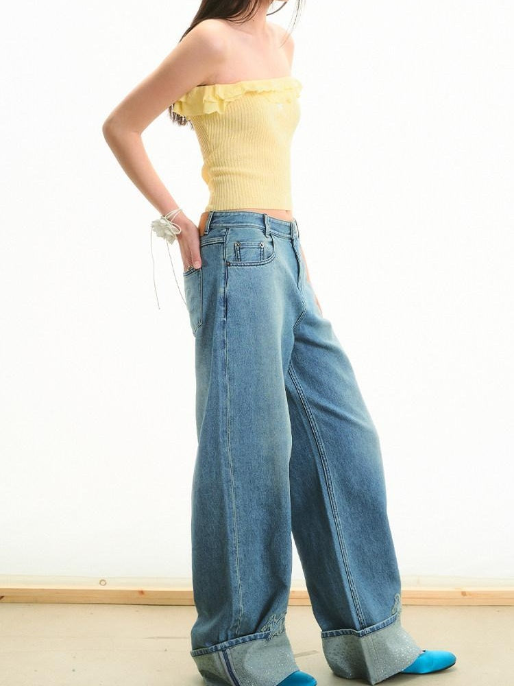 NAWSNOTAWEAR High Waist Zip Fly Casual Loose Fit Women Bristol Blue Wide Leg Jeans