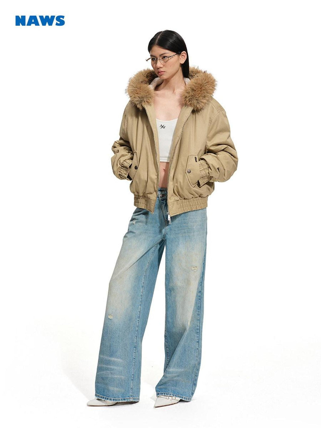 NAWSNOTAWEAR Hooded Zip Front Vintage Straight Fit Gray Mist Coffee Women Puffer Jackets