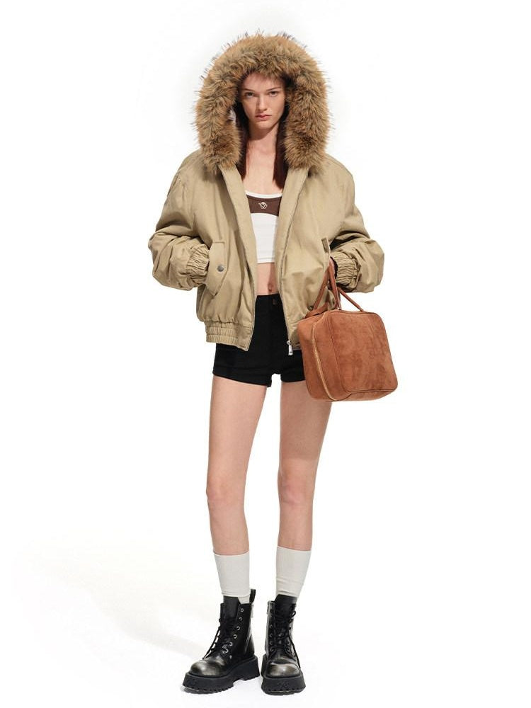 NAWSNOTAWEAR Hooded Zip Front Vintage Straight Fit Gray Mist Coffee Women Puffer Jackets