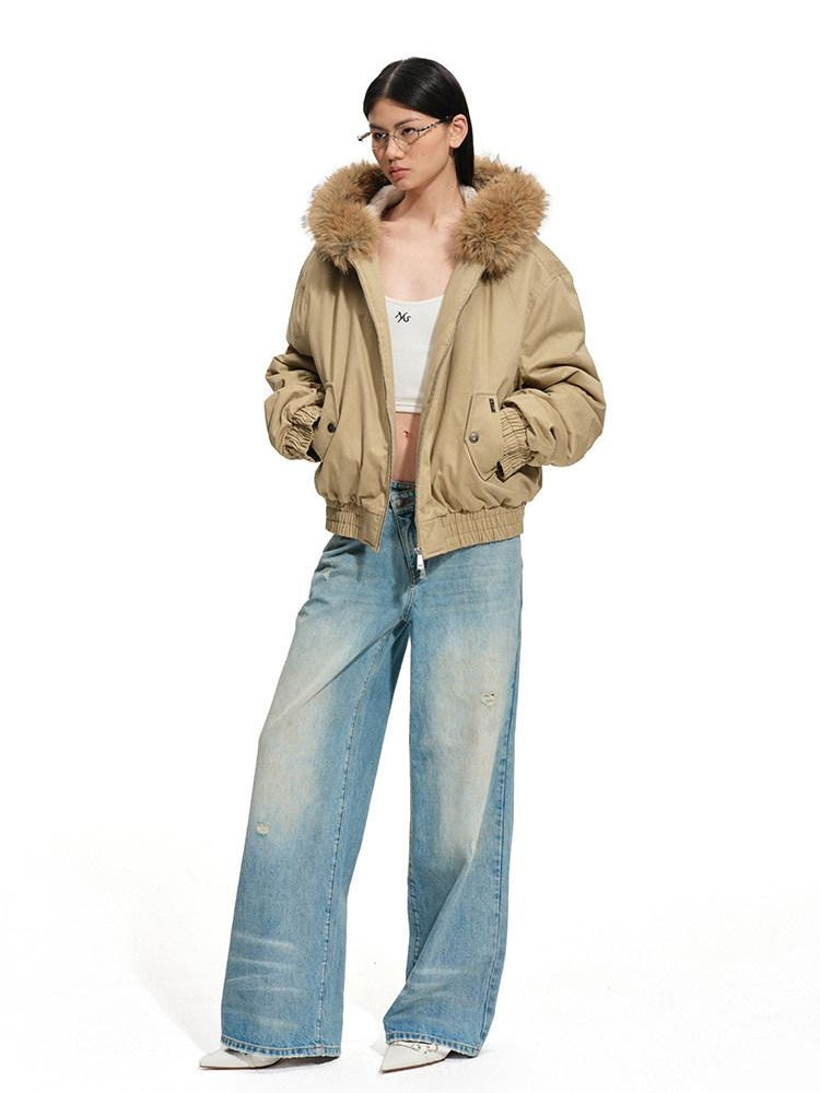 NAWSNOTAWEAR Hooded Zip Front Vintage Straight Fit Gray Mist Coffee Women Puffer Jackets
