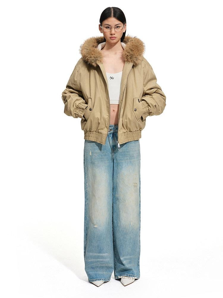 NAWSNOTAWEAR Hooded Zip Front Vintage Straight Fit Gray Mist Coffee Women Puffer Jackets