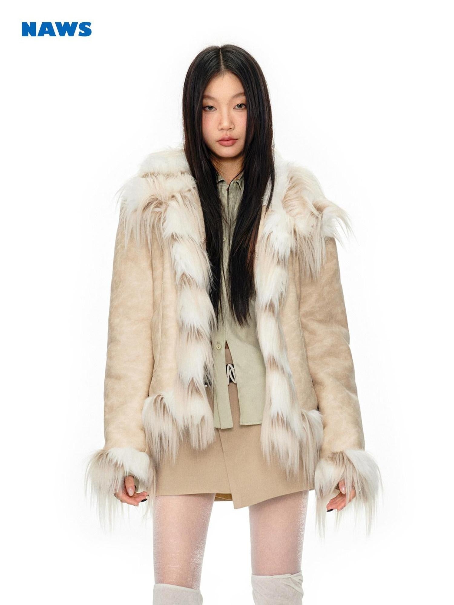 NAWSNOTAWEAR Horizontal Fur Patchwork Office Standard Fit Long Sleeve Women Khaki Short Coat