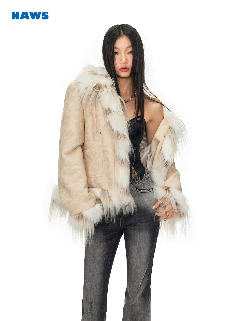 NAWSNOTAWEAR Horizontal Fur Patchwork Office Standard Fit Long Sleeve Women Khaki Short Coat