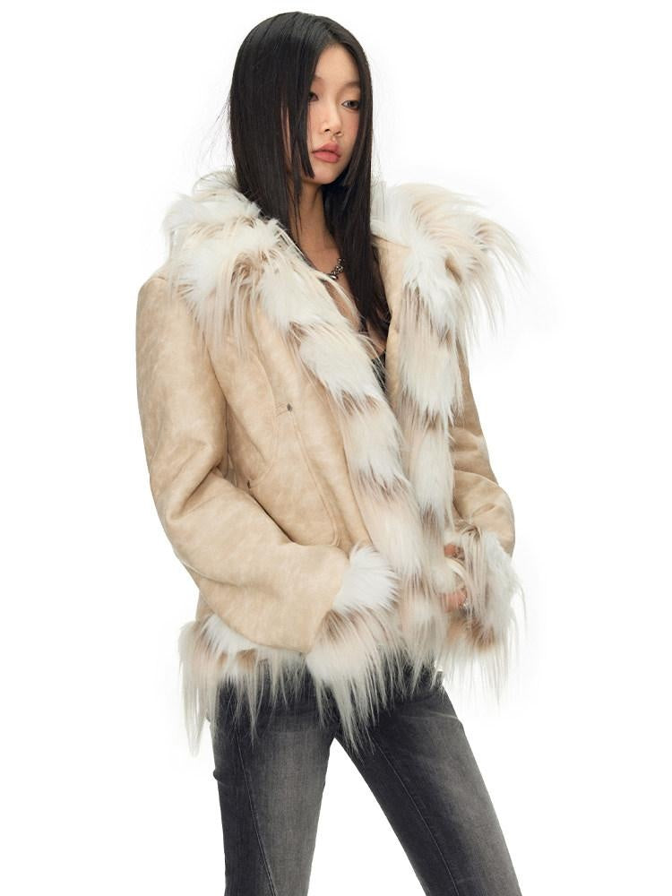 NAWSNOTAWEAR Horizontal Fur Patchwork Office Standard Fit Long Sleeve Women Khaki Short Coat