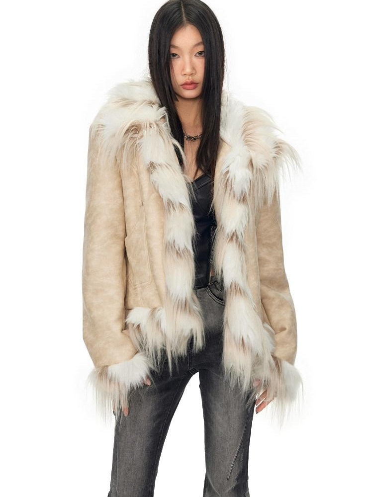NAWSNOTAWEAR Horizontal Fur Patchwork Office Standard Fit Long Sleeve Women Khaki Short Coat