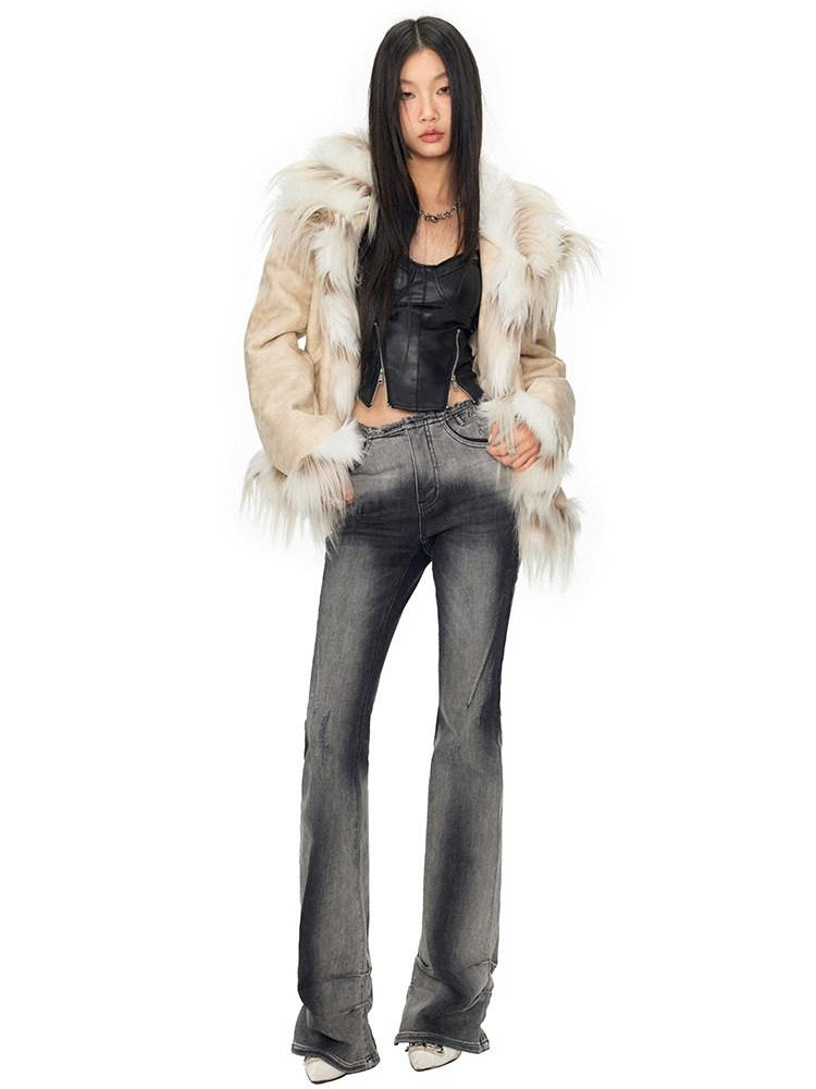 NAWSNOTAWEAR Horizontal Fur Patchwork Office Standard Fit Long Sleeve Women Khaki Short Coat