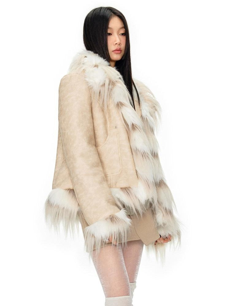NAWSNOTAWEAR Horizontal Fur Patchwork Office Standard Fit Long Sleeve Women Khaki Short Coat