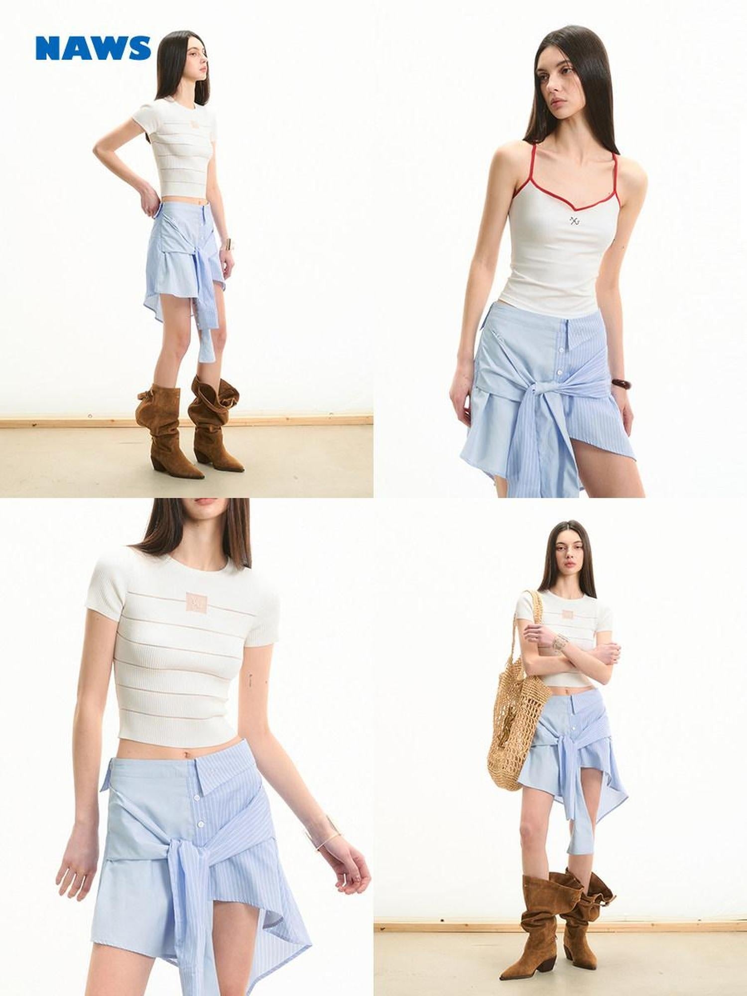 NAWSNOTAWEAR Iris Blue Cotton Tie Irregular Hem Loose Commuter Mid Waist Women Mini Skirts