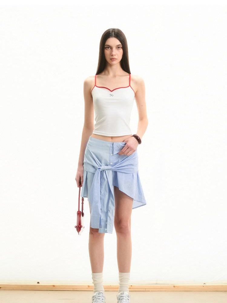 NAWSNOTAWEAR Iris Blue Cotton Tie Irregular Hem Loose Commuter Mid Waist Women Mini Skirts