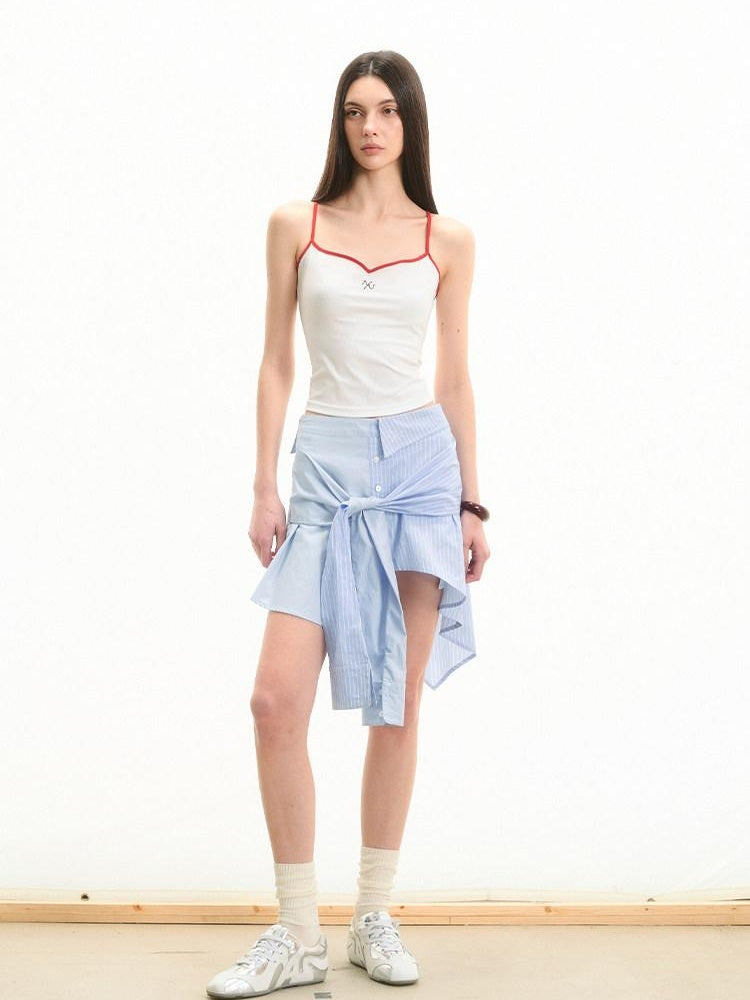 NAWSNOTAWEAR Iris Blue Cotton Tie Irregular Hem Loose Commuter Mid Waist Women Mini Skirts