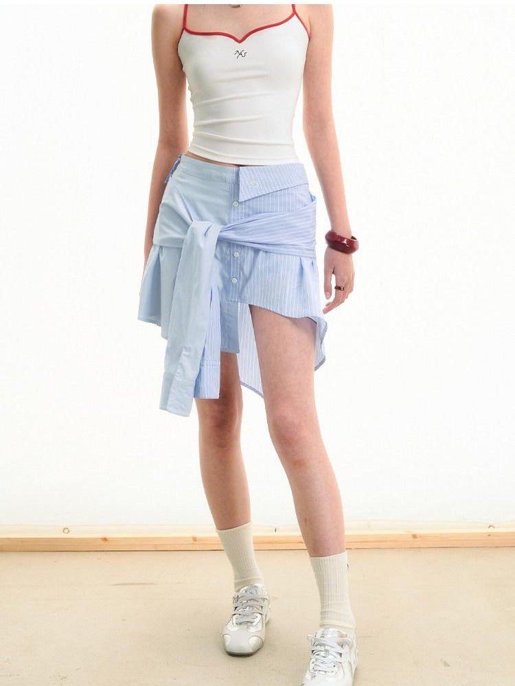NAWSNOTAWEAR Iris Blue Cotton Tie Irregular Hem Loose Commuter Mid Waist Women Mini Skirts