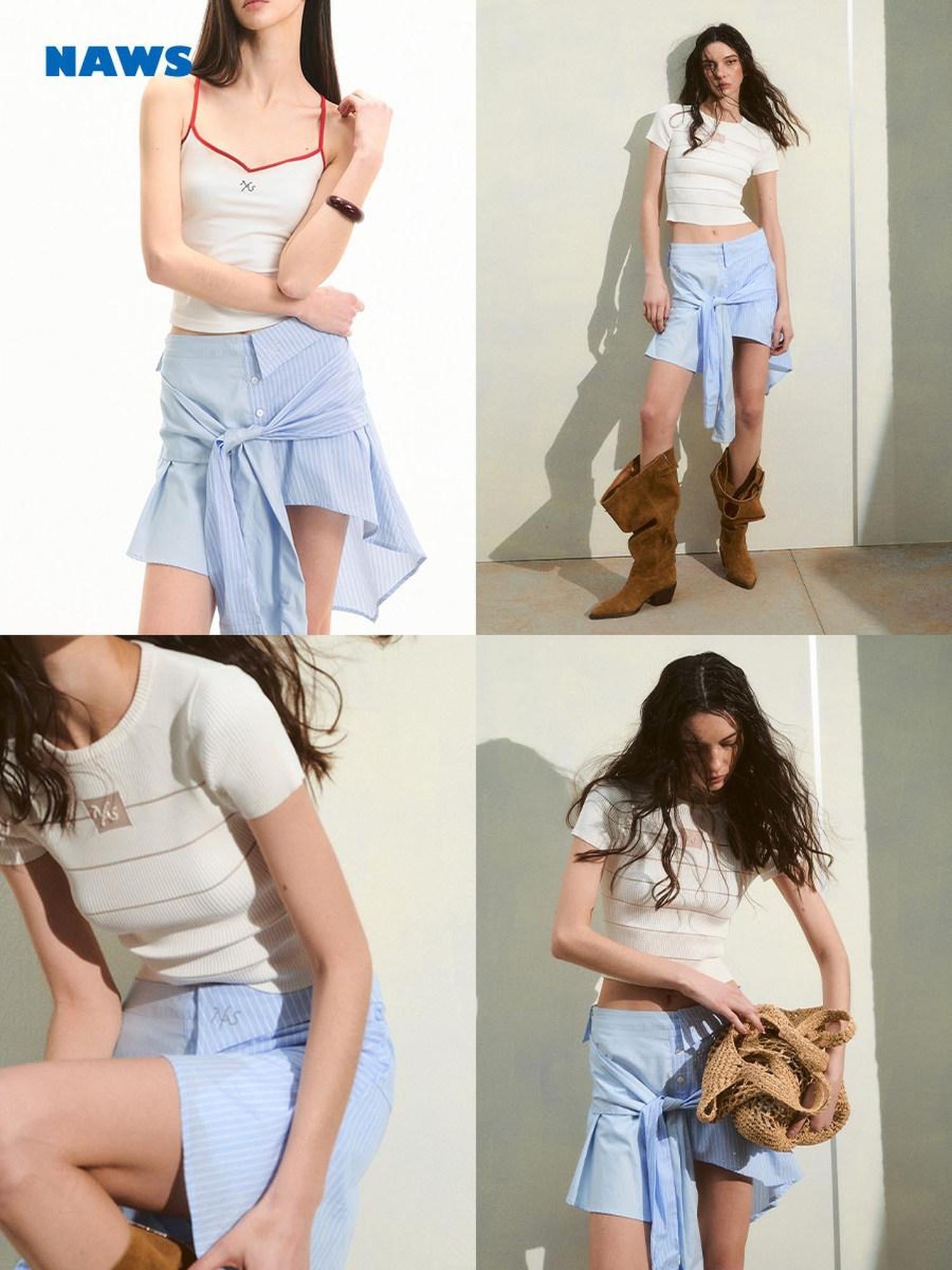 NAWSNOTAWEAR Iris Blue Cotton Tie Irregular Hem Loose Commuter Mid Waist Women Mini Skirts