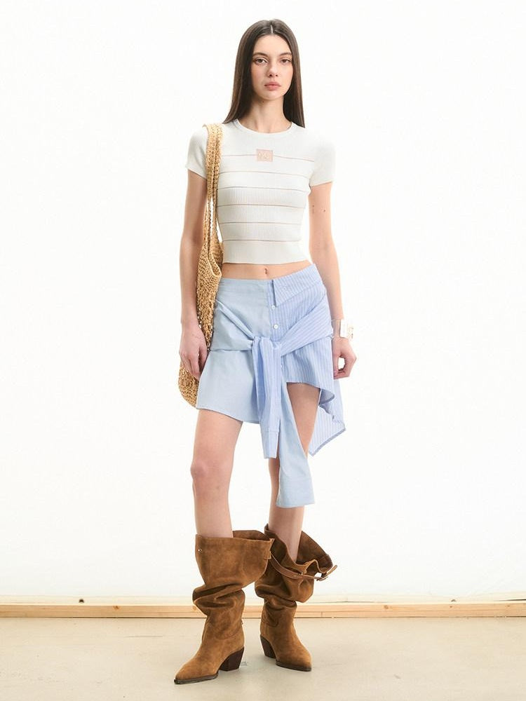 NAWSNOTAWEAR Iris Blue Cotton Tie Irregular Hem Loose Commuter Mid Waist Women Mini Skirts