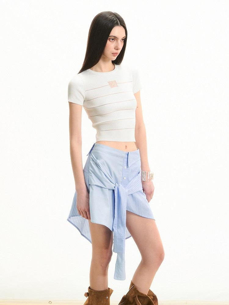 NAWSNOTAWEAR Iris Blue Cotton Tie Irregular Hem Loose Commuter Mid Waist Women Mini Skirts