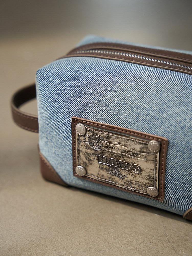 NAWSNOTAWEAR Large Capacity Waterproof Denim Blue Makeup Pouch Travel Cosmetic Bags