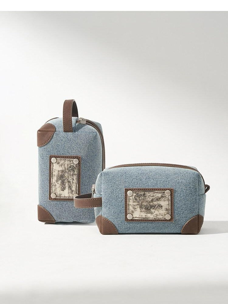 NAWSNOTAWEAR Large Capacity Waterproof Denim Blue Makeup Pouch Travel Cosmetic Bags