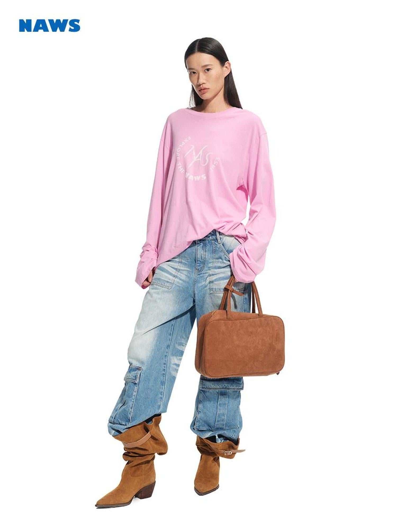 NAWSNOTAWEAR Lightweight Cotton Linen Oversized Casual Women Logo Long Sleeve T-Shirts