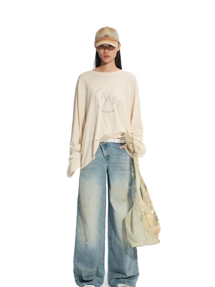 NAWSNOTAWEAR Lightweight Cotton Linen Oversized Casual Women Logo Long Sleeve T-Shirts
