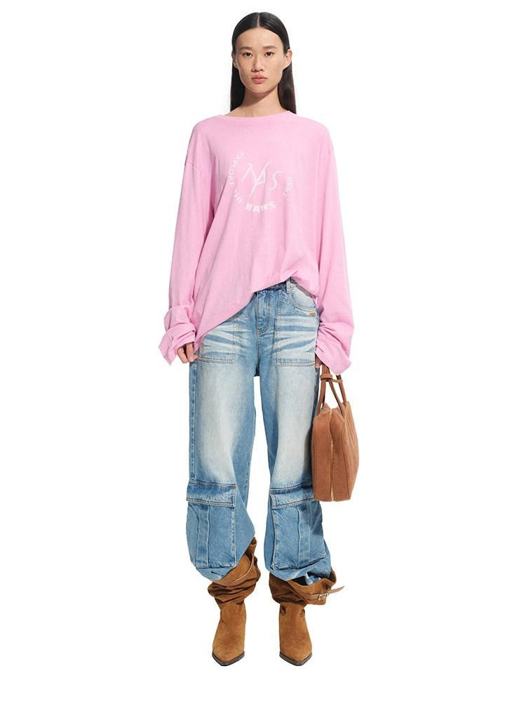 NAWSNOTAWEAR Lightweight Cotton Linen Oversized Casual Women Logo Long Sleeve T-Shirts