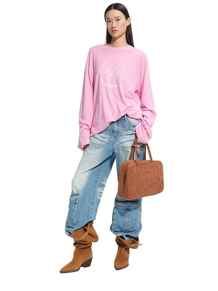 NAWSNOTAWEAR Lightweight Cotton Linen Oversized Casual Women Logo Long Sleeve T-Shirts