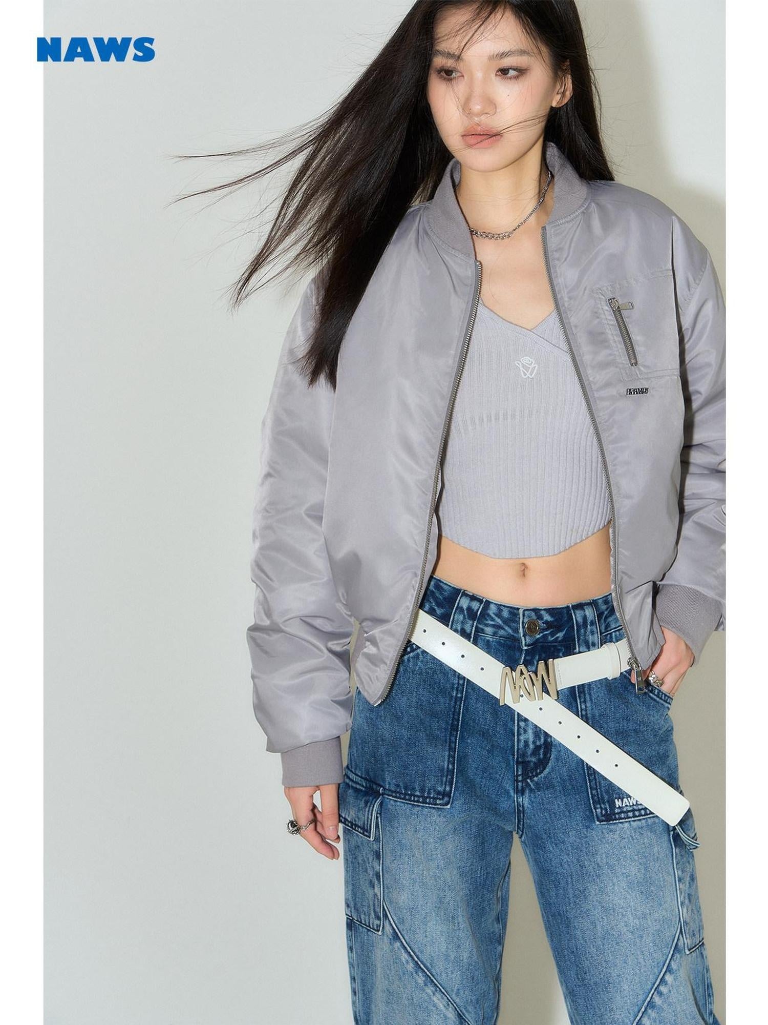 NAWSNOTAWEAR Lightweight Nylon Zip Front Relaxed Fit Commuter Cropped Pocketed Bomber Jackets