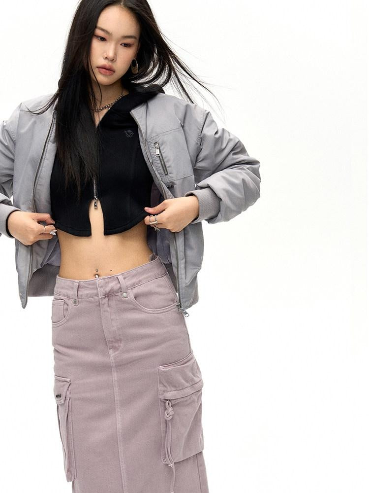 NAWSNOTAWEAR Lightweight Nylon Zip Front Relaxed Fit Commuter Cropped Pocketed Bomber Jackets
