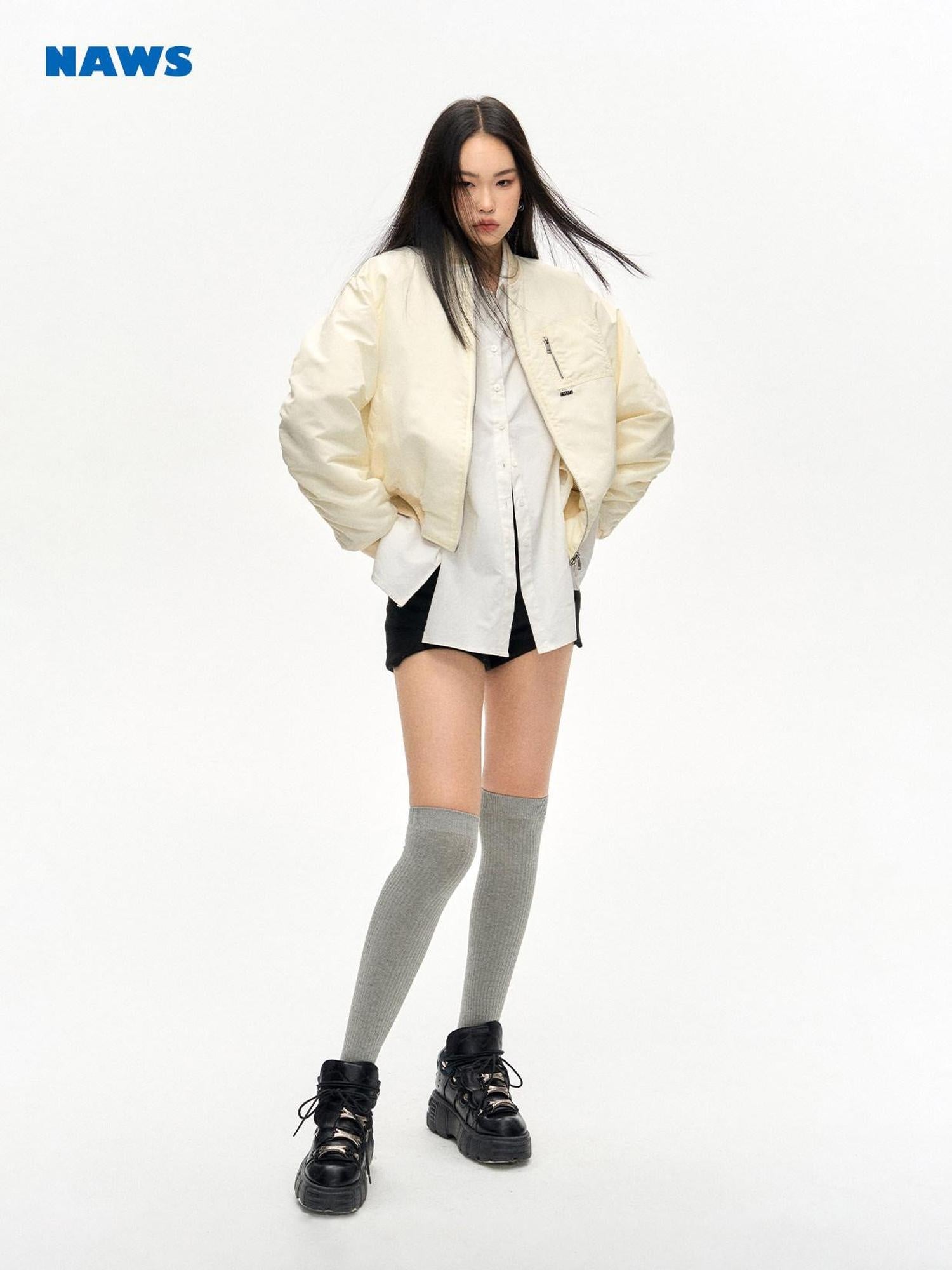 NAWSNOTAWEAR Lightweight Nylon Zip Front Relaxed Fit Commuter Cropped Pocketed Bomber Jackets