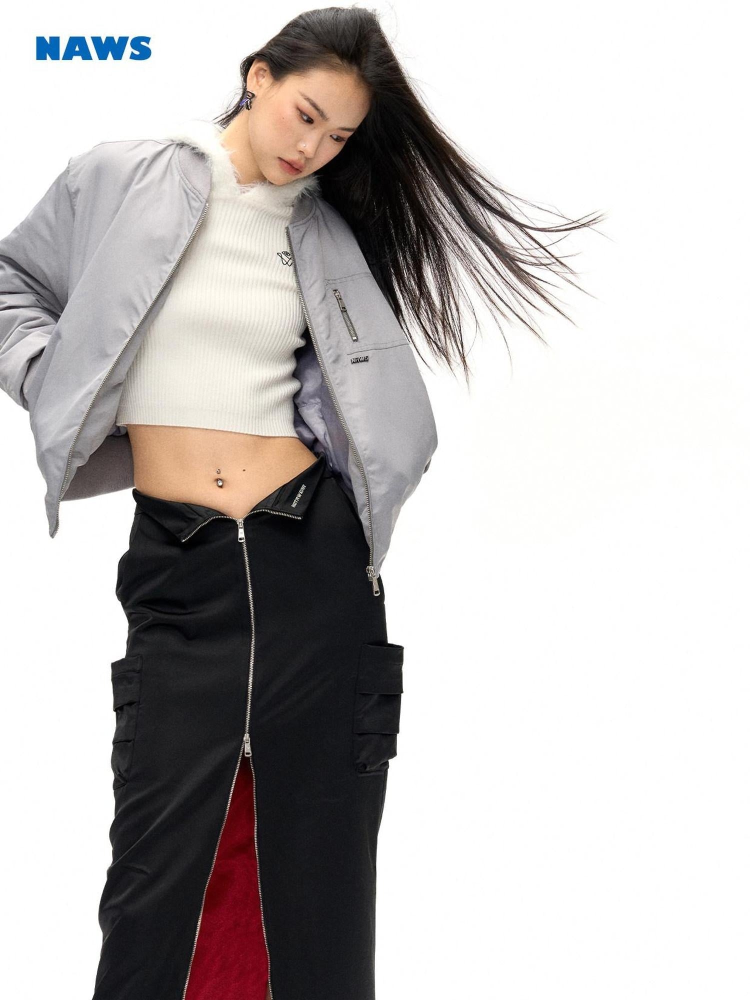 NAWSNOTAWEAR Lightweight Nylon Zip Front Relaxed Fit Commuter Cropped Pocketed Bomber Jackets