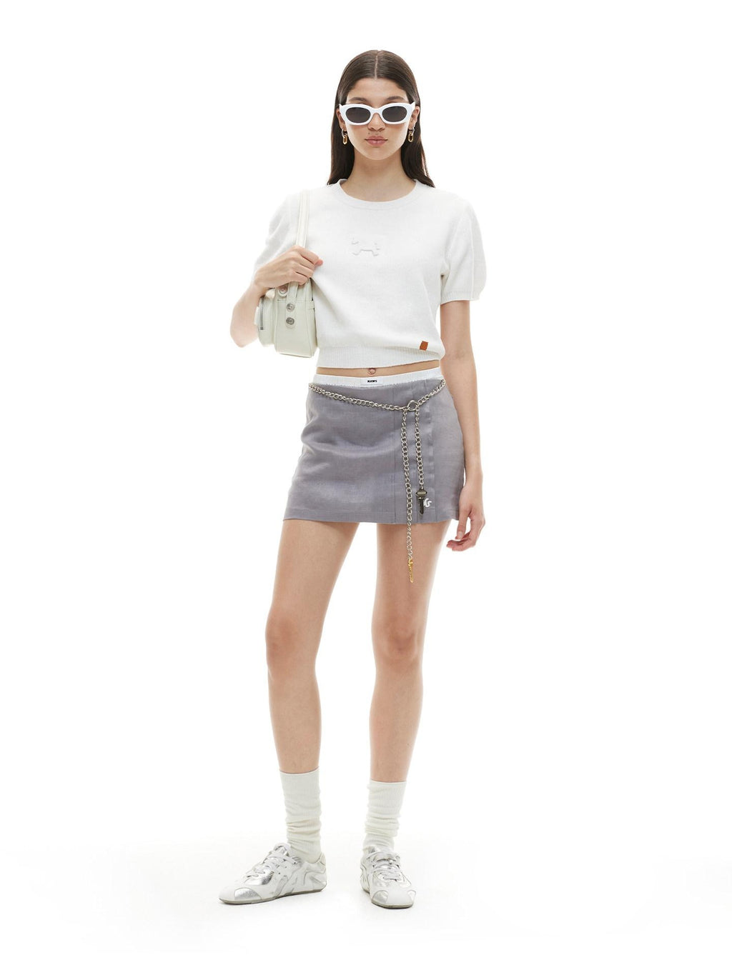 NAWSNOTAWEAR Lyocell Linen Low Waist H Cut Badge Detail Youth Women Mini Skirts