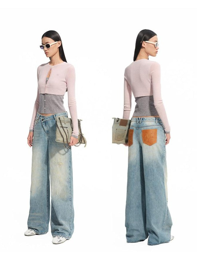 NAWSNOTAWEAR Patchwork Leather Denim Casual Loose Low Rise Women Beach Blue Wide Leg Jeans