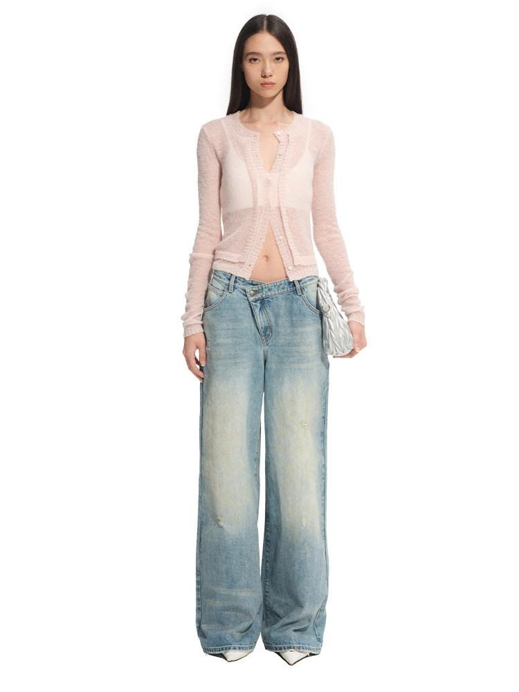 NAWSNOTAWEAR Patchwork Leather Denim Casual Loose Low Rise Women Beach Blue Wide Leg Jeans