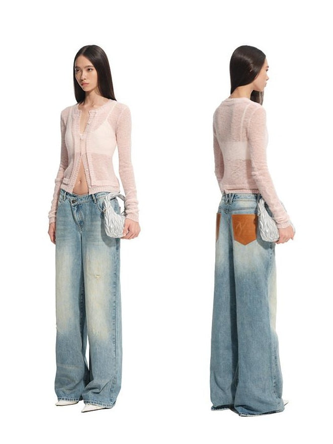 NAWSNOTAWEAR Patchwork Leather Denim Casual Loose Low Rise Women Beach Blue Wide Leg Jeans