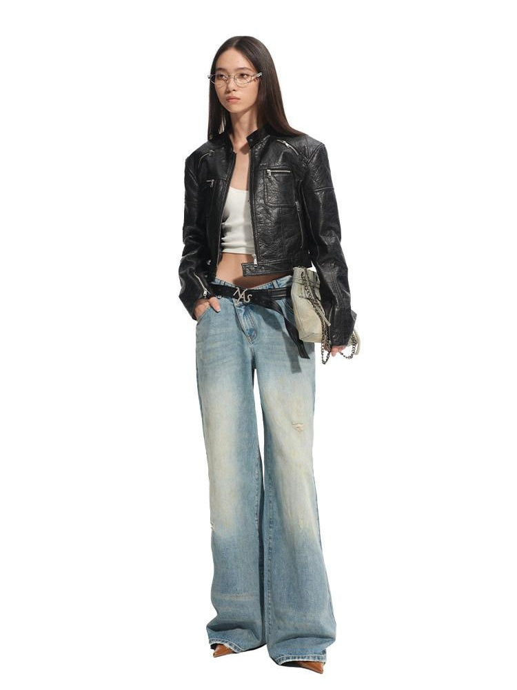 NAWSNOTAWEAR Patchwork Leather Denim Casual Loose Low Rise Women Beach Blue Wide Leg Jeans