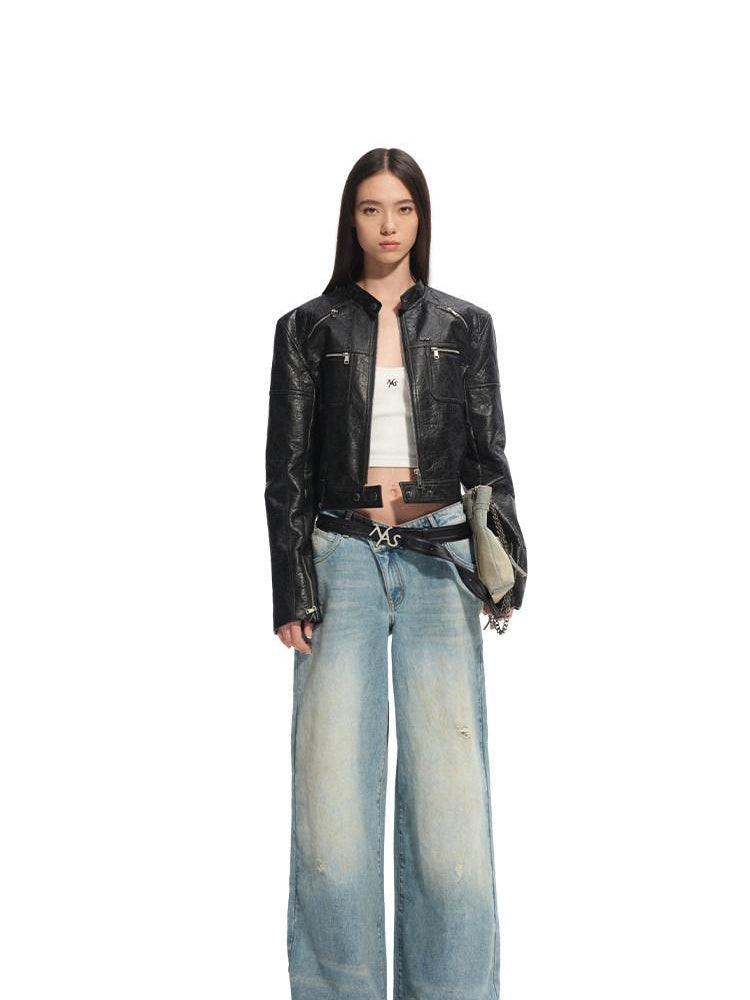 NAWSNOTAWEAR Patchwork Leather Denim Casual Loose Low Rise Women Beach Blue Wide Leg Jeans