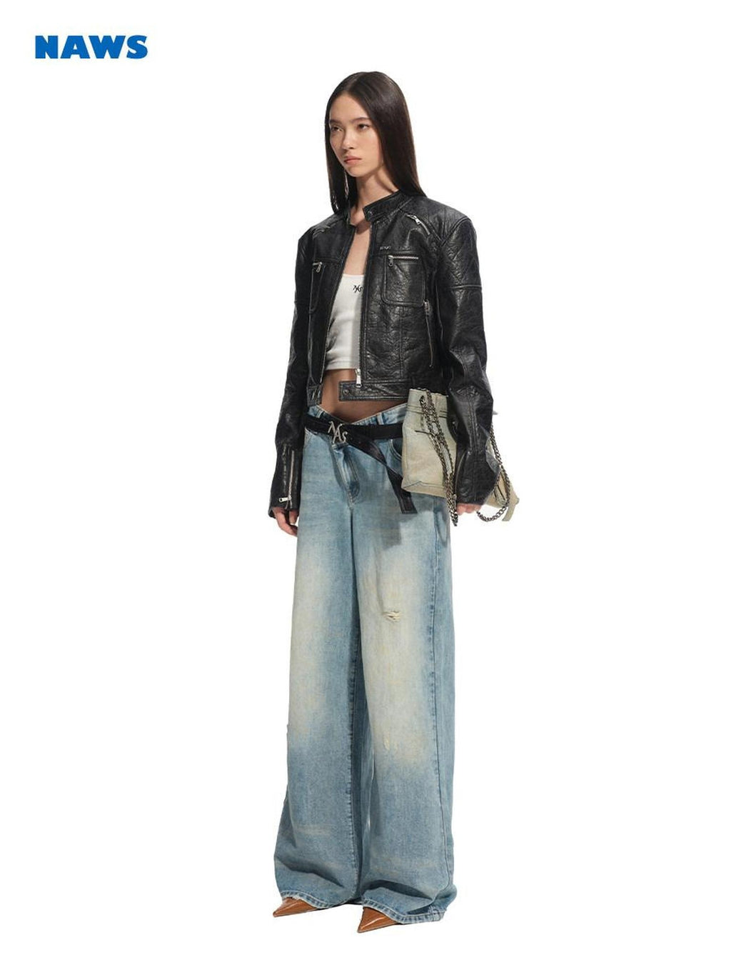 NAWSNOTAWEAR Patchwork Leather Denim Casual Loose Low Rise Women Beach Blue Wide Leg Jeans