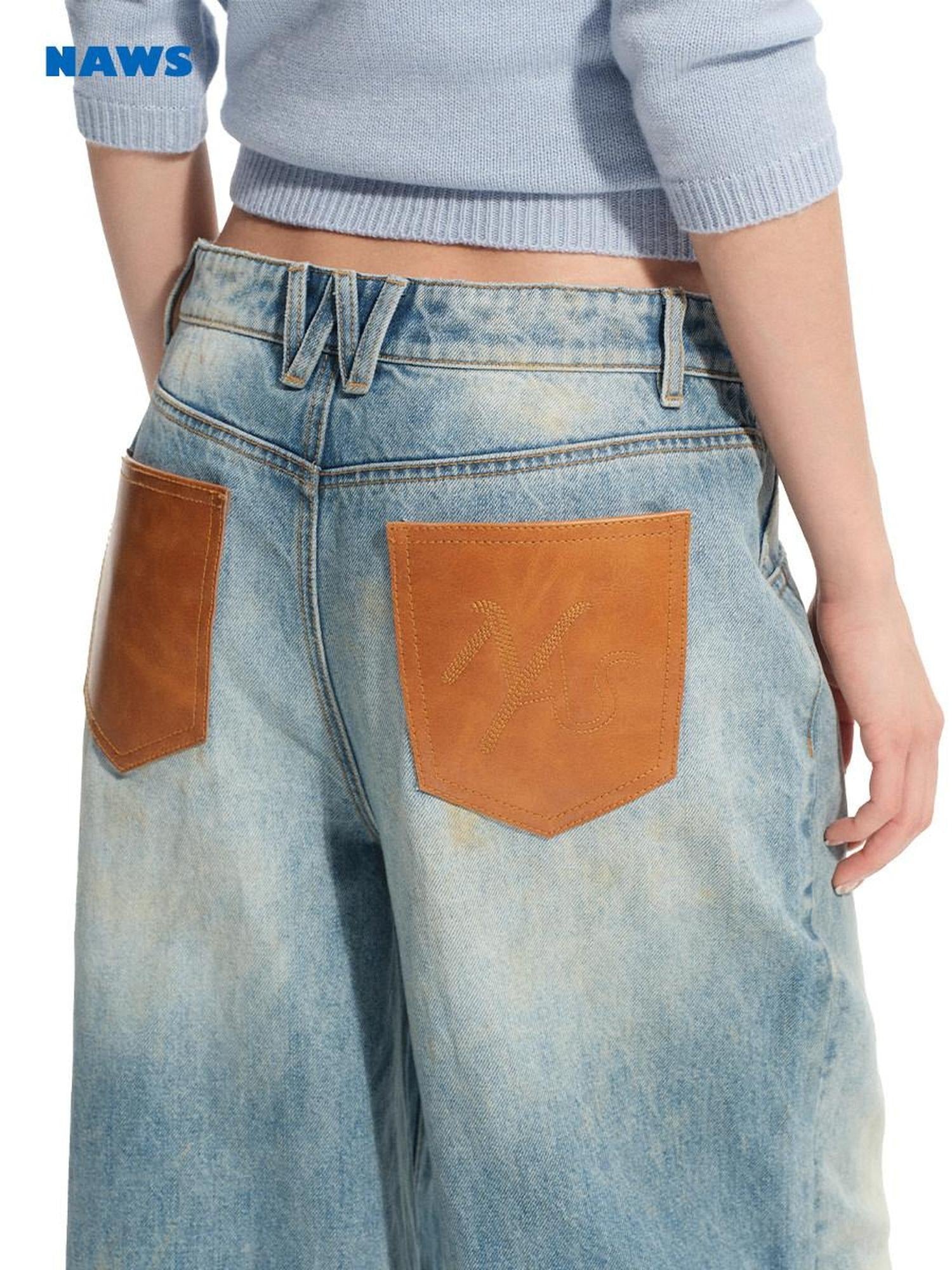 NAWSNOTAWEAR Patchwork Leather Denim Casual Loose Low Rise Women Beach Blue Wide Leg Jeans