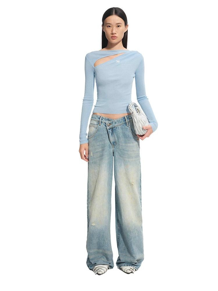 NAWSNOTAWEAR Patchwork Leather Denim Casual Loose Low Rise Women Beach Blue Wide Leg Jeans