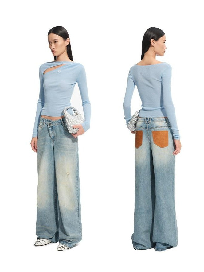 NAWSNOTAWEAR Patchwork Leather Denim Casual Loose Low Rise Women Beach Blue Wide Leg Jeans