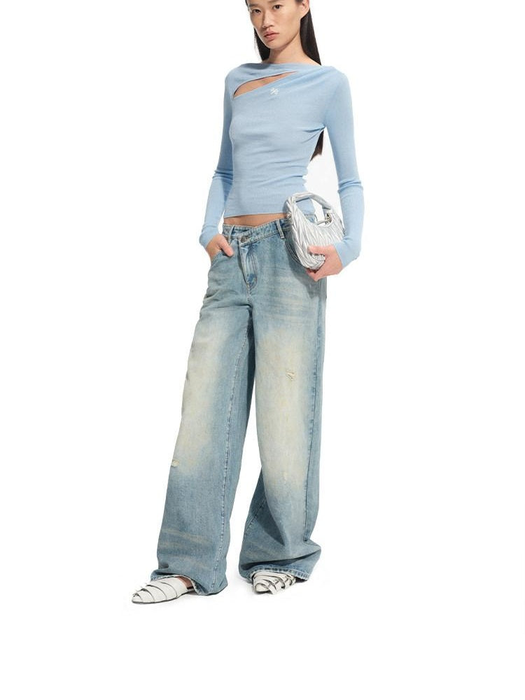 NAWSNOTAWEAR Patchwork Leather Denim Casual Loose Low Rise Women Beach Blue Wide Leg Jeans