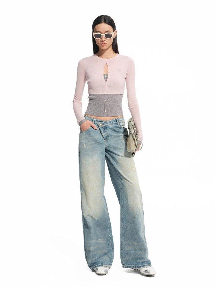 NAWSNOTAWEAR Patchwork Leather Denim Casual Loose Low Rise Women Beach Blue Wide Leg Jeans