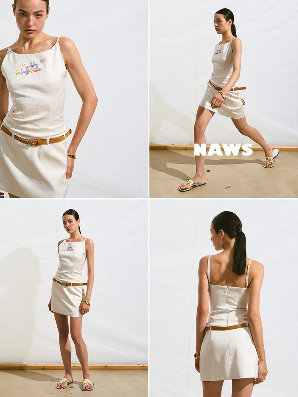 NAWSNOTAWEAR Pearl White Minimalist Slim Layered Spaghetti Strap Women Polyester Mini Dresses