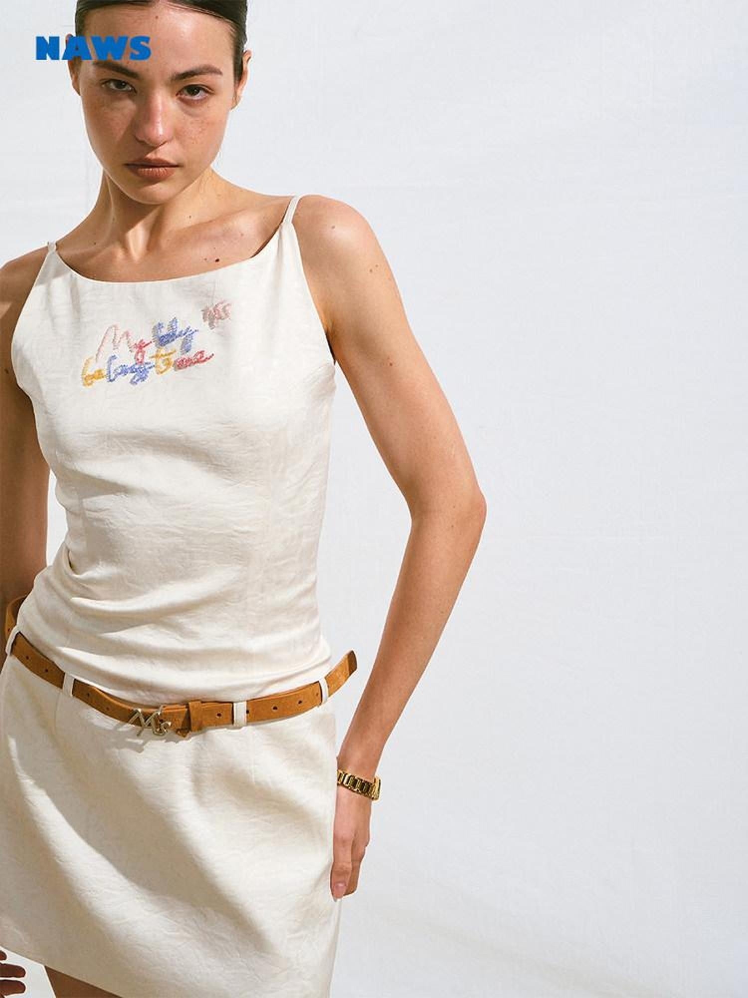 NAWSNOTAWEAR Pearl White Minimalist Slim Layered Spaghetti Strap Women Polyester Mini Dresses